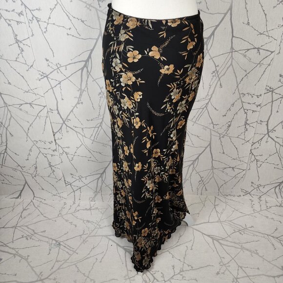 Old Navy Black Floral Print Georgette Flutter Hem Y2K Maxi Skirt - Picture 5 of 7